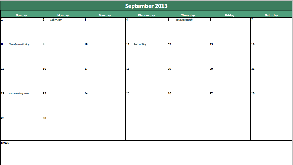 excel september 2013 calendar