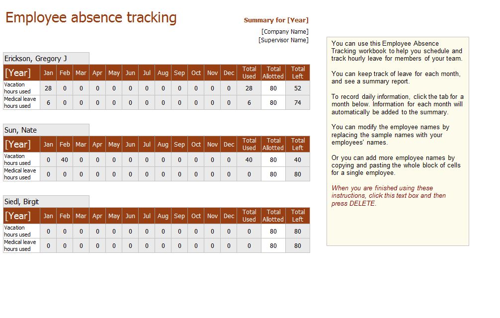 employee absence schedule excel template