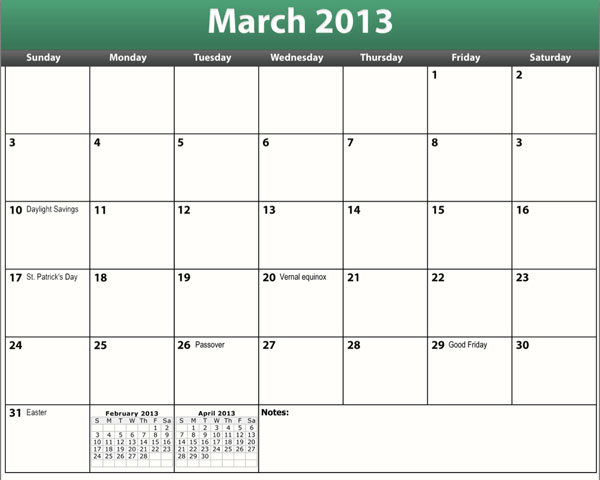 Printable PDF March 2013 Calendar