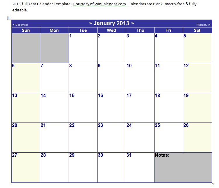 does microsoft word have a calendar template