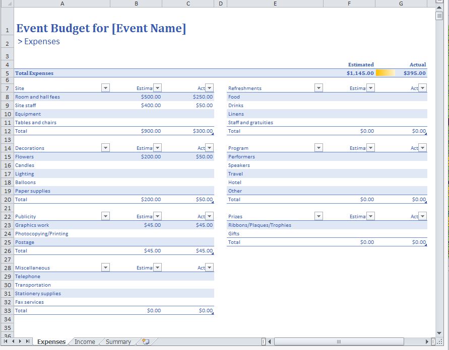 event management financial planning template