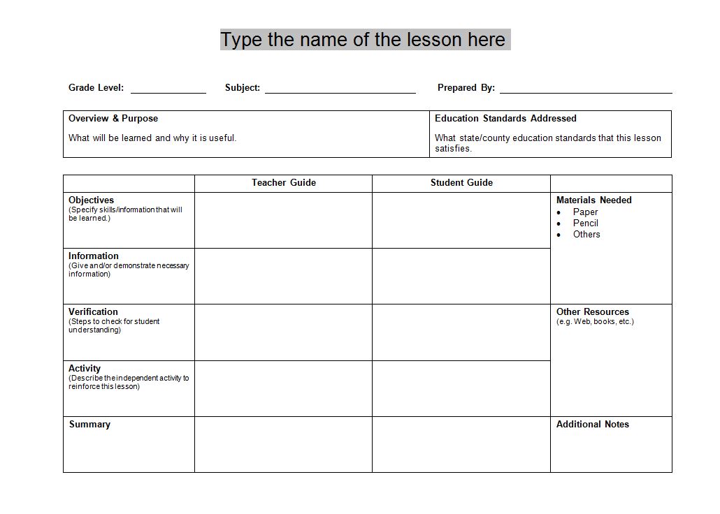 Template For Lesson Plans Elementary