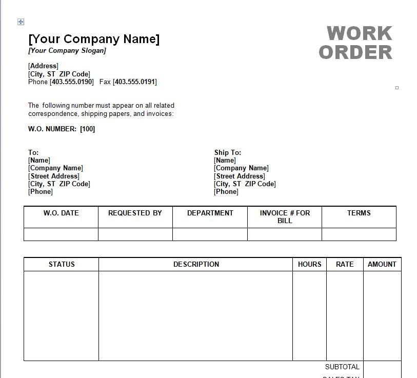 Work Order Template Word Free Download