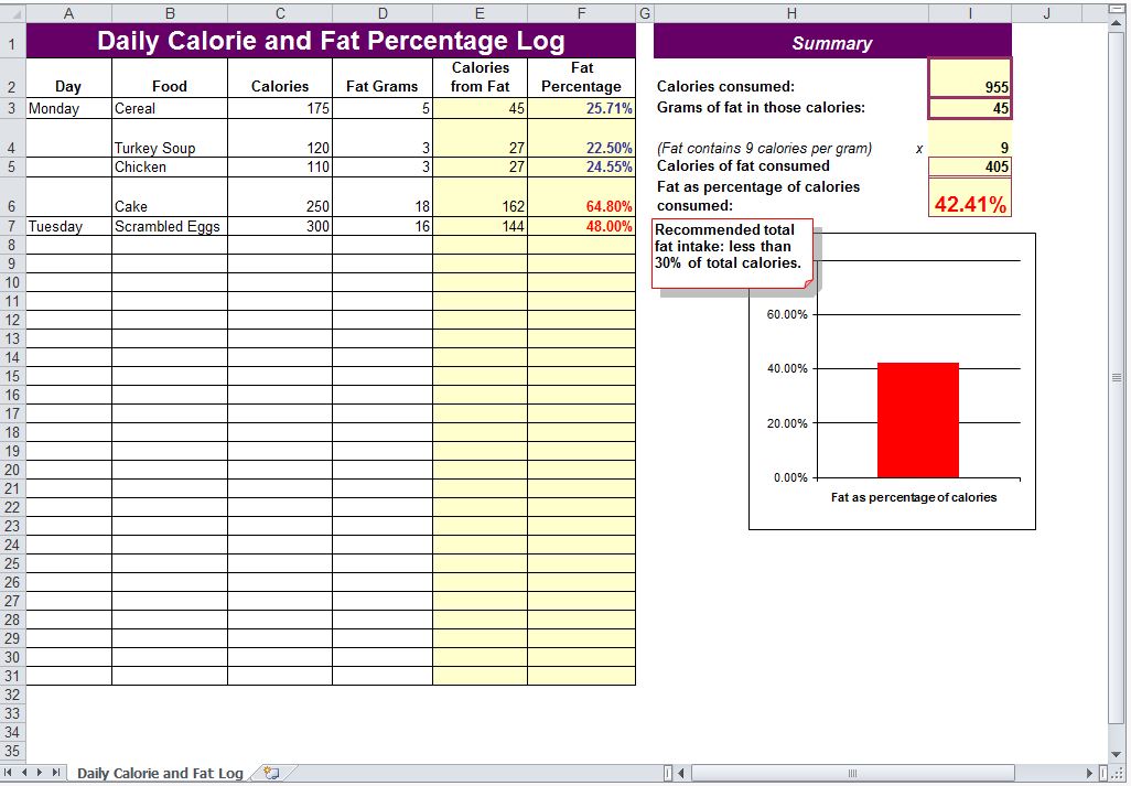 excel daily calorie tracker