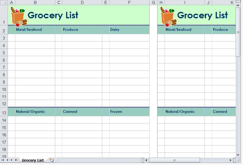 grocery shopping list excel