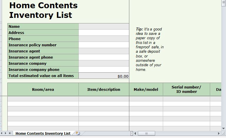 free printable home inventory list