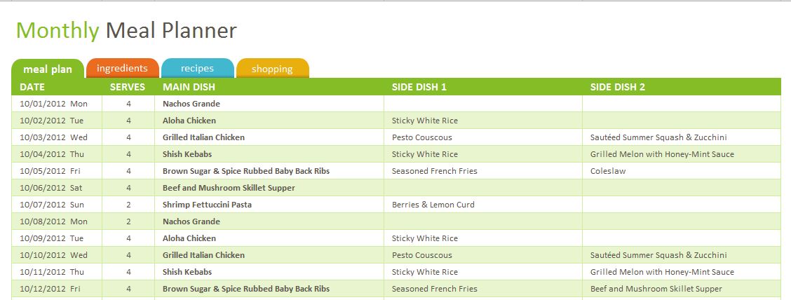 menu planner template excel