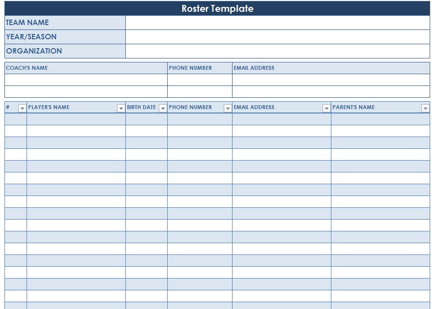 Roster Template Team Roster Template