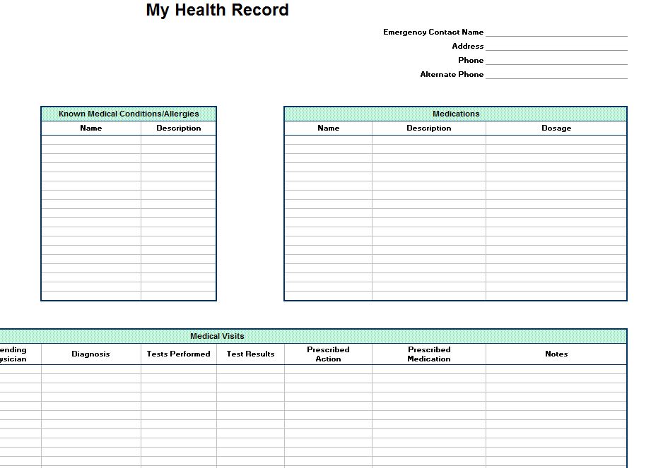 Printable Personal Health Record Template