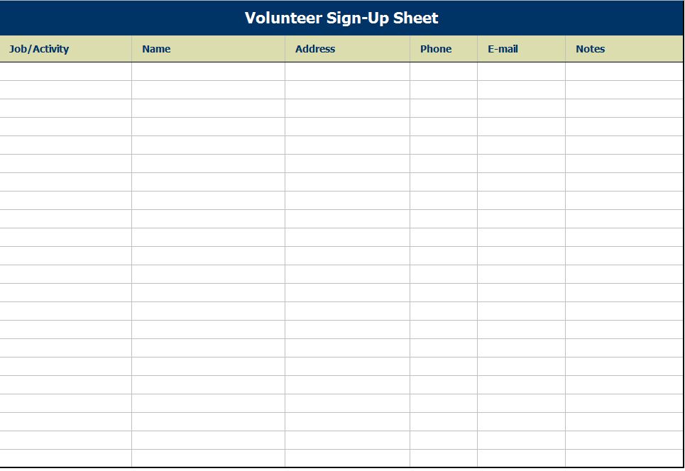 Volunteer Sign Up Sheet Volunteer Sign Up Sheet Template