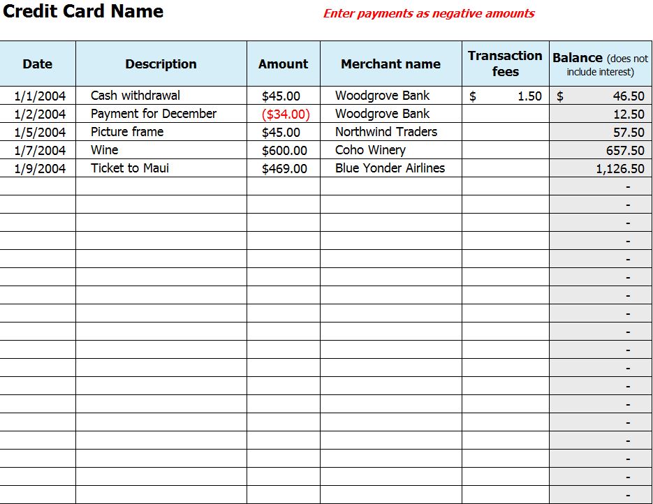 Credit Card Use Log | Credit Card Use Template