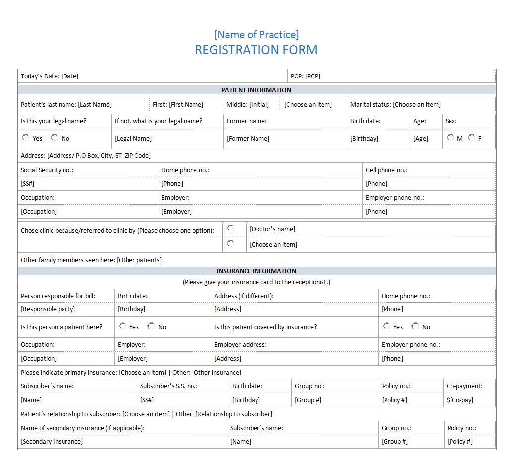 Patient Registration Form  Patient History Form With Registration Form Template Word Free