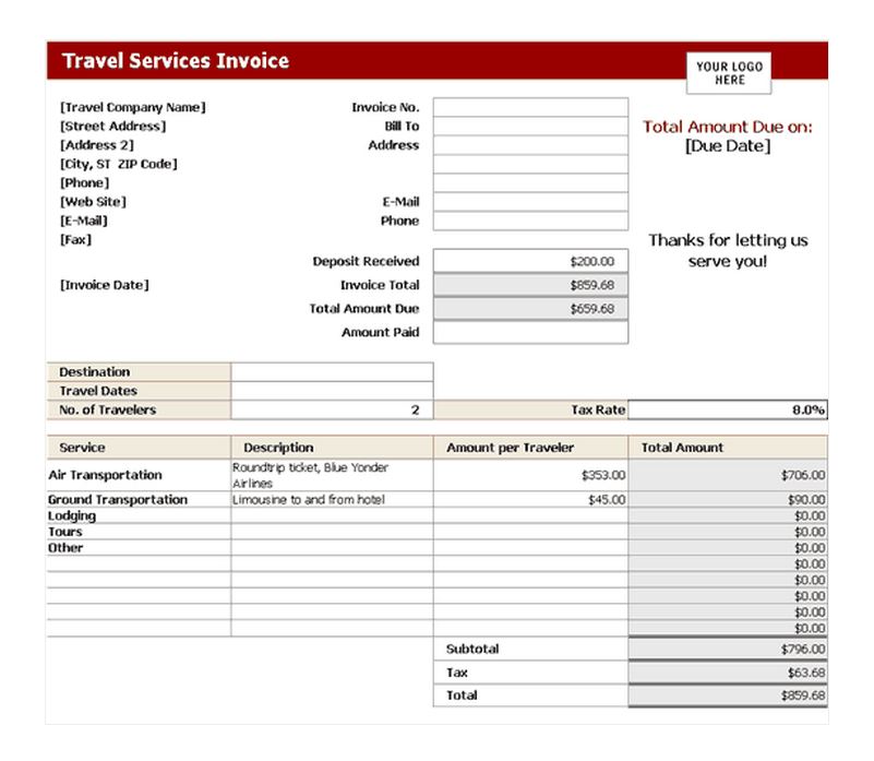 Travel Service Invoice Travel Service Invoice Template