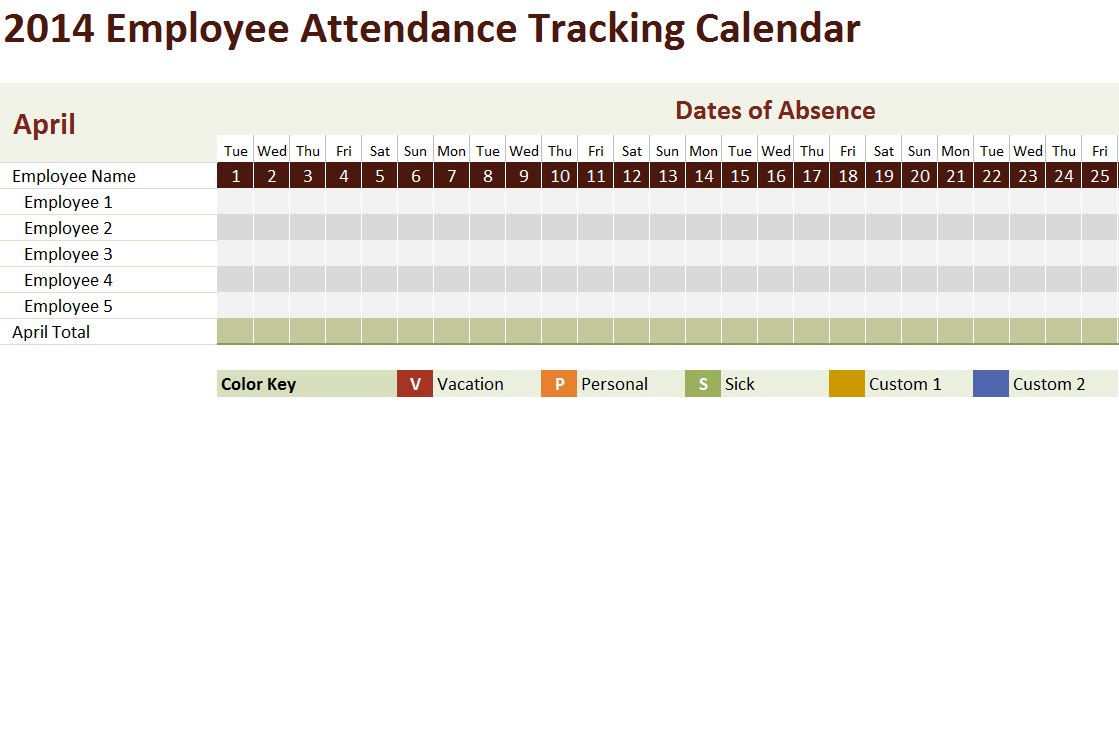 2014 Employee Attendance Tracking Calendar