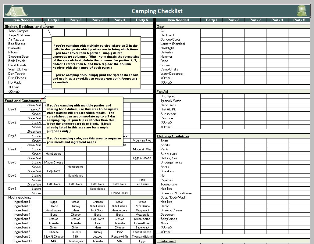 backpacking checklist excel