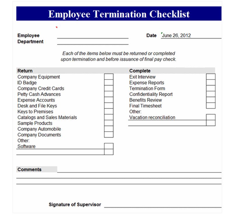 Employee Termination Checklist Employee Termination Form