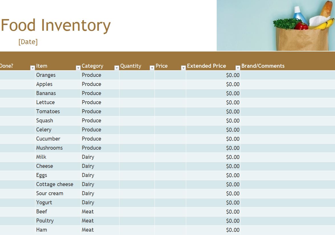 home food inventory template excel