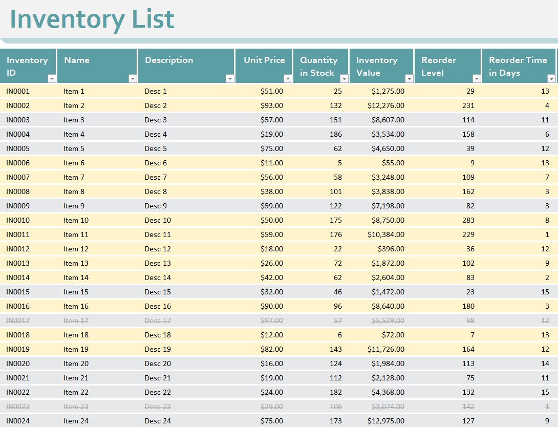 simple inventory sheet