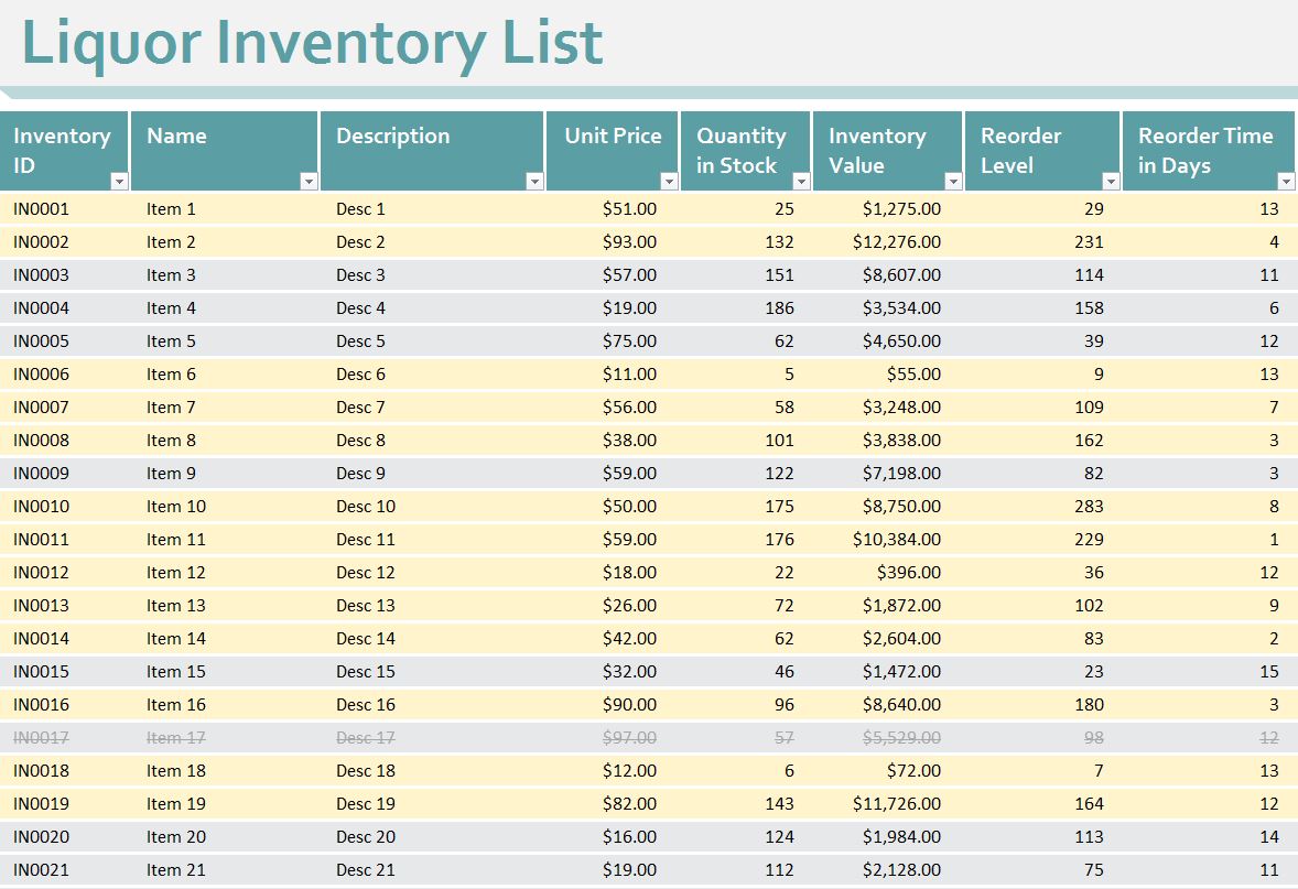 Liquor Inventory List