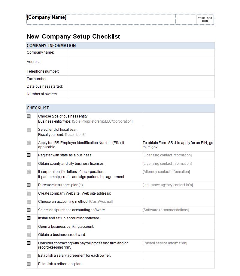 New Business Checklist Template