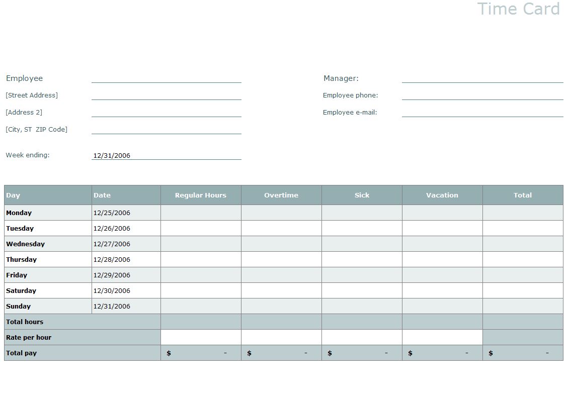 Free Time Card Template Excel