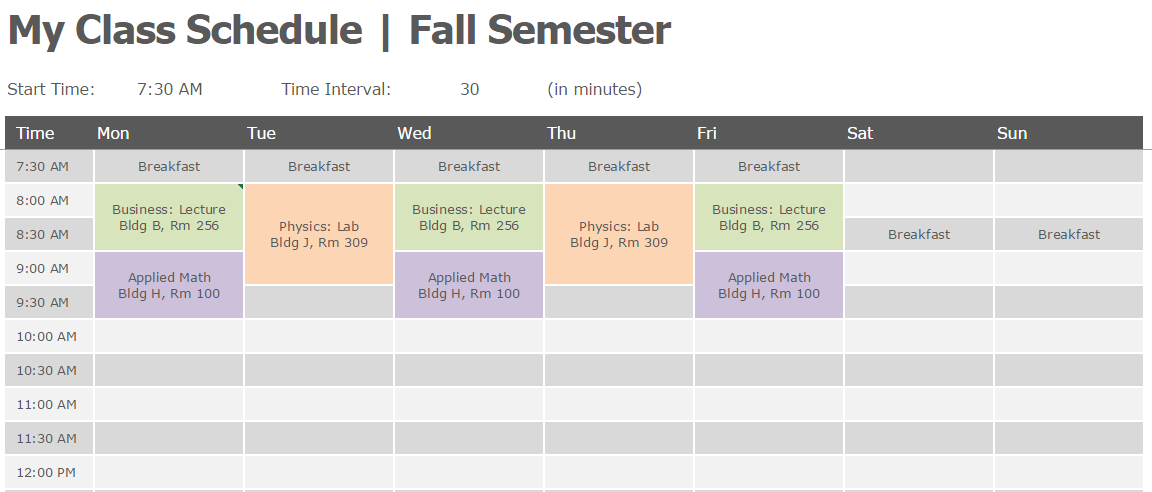 excel student schedule template