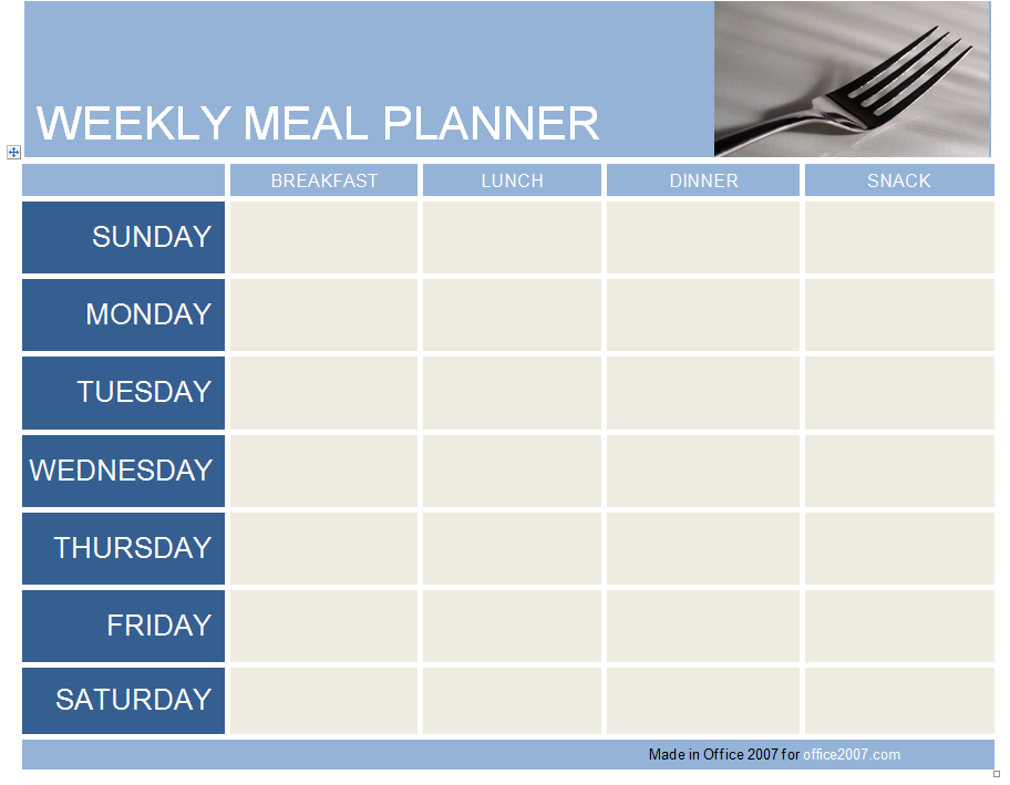 calendar template weekly meal plan