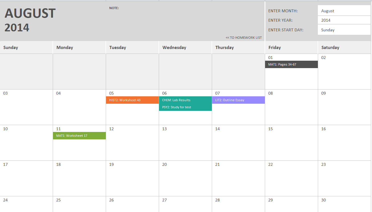 Homework Calendar Template