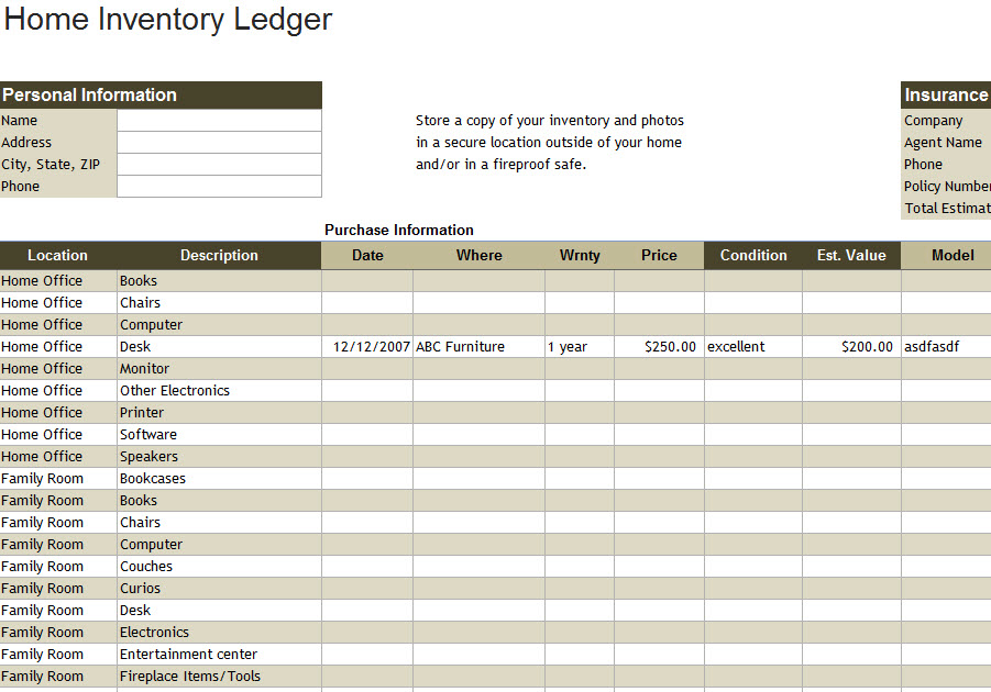Home Inventory Ledger Template My Excel Templates