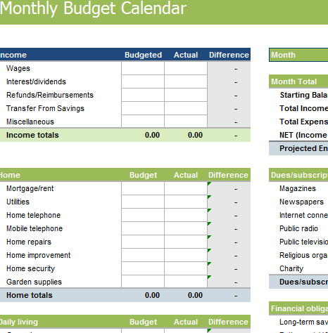 budget calendar template excel