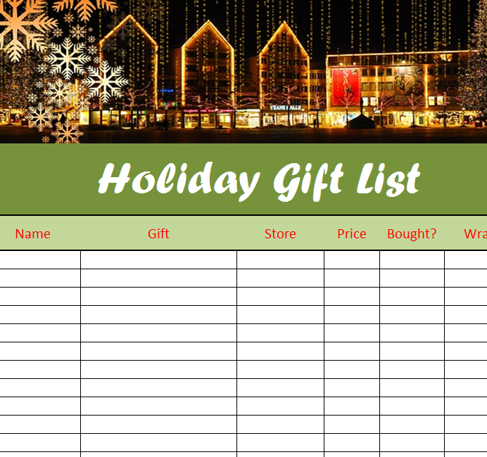 Holiday Gift List Sheet - My Excel Templates