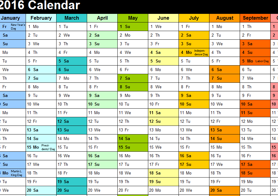 2016 Yearly Color Calendar My Excel Templates