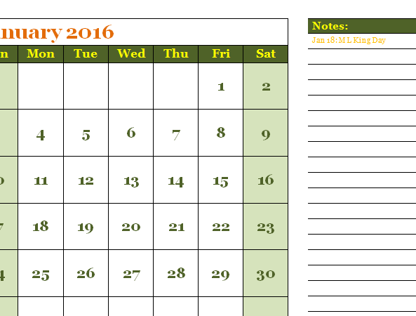 2016 weekly budget calendar