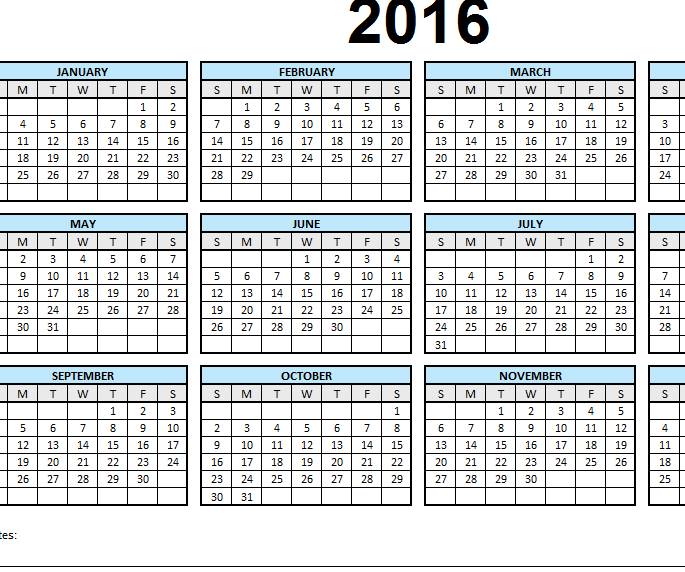 2016 calendar microsoft excel template