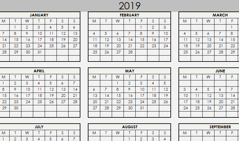 2019 Printable Calendar - My Excel Templates