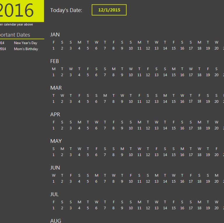2016 calendar microsoft excel template