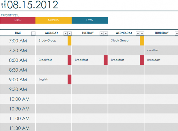 Student Weekly Schedule My Excel Templates