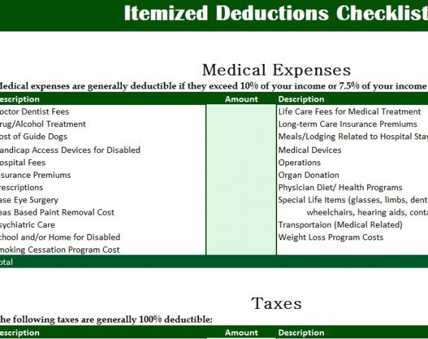 Itemized Deductions Checklist My Excel Templates