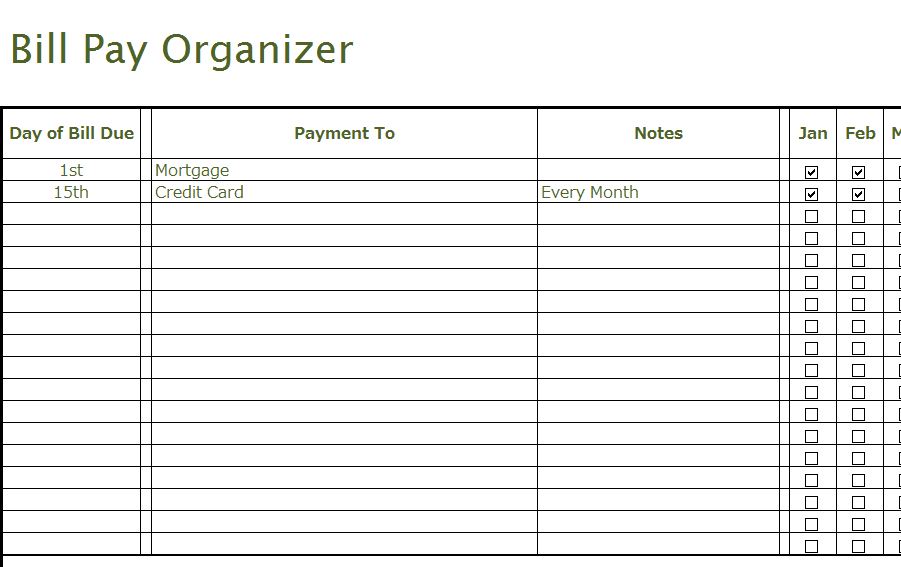 Bill Pay Organizer - My Excel Templates