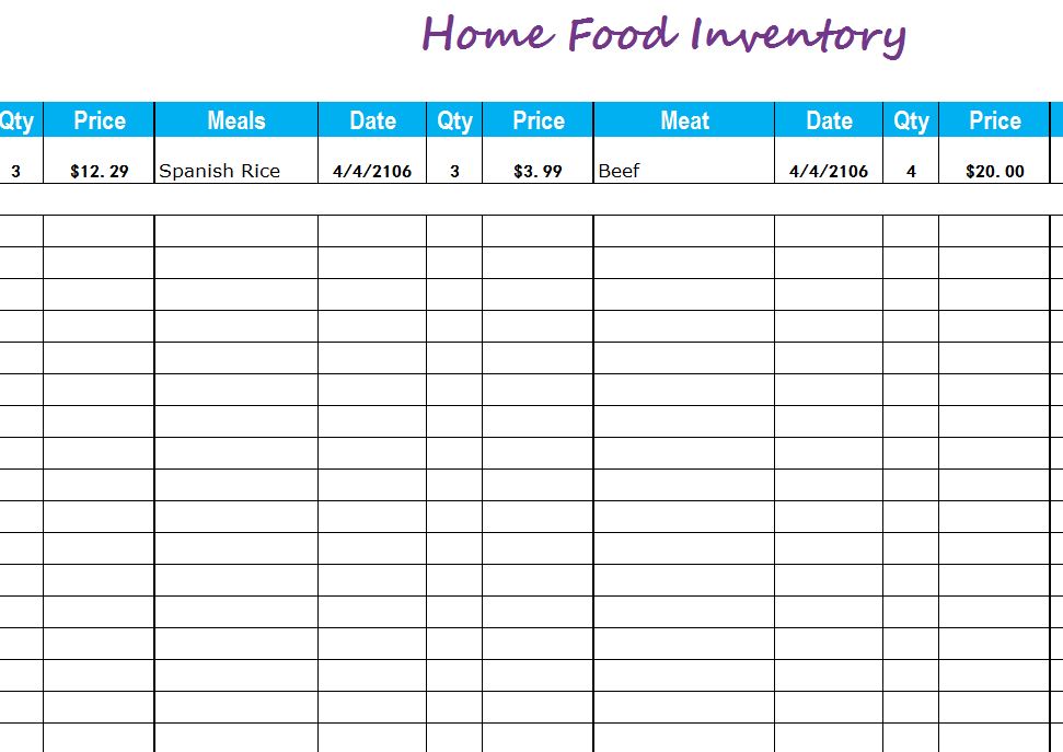 home food inventory template excel