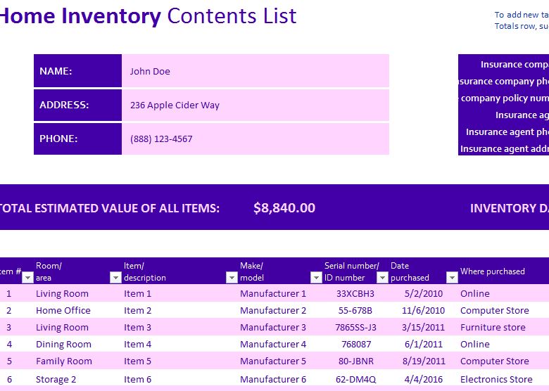 Home Contents Inventory List Template from myexceltemplates.com
