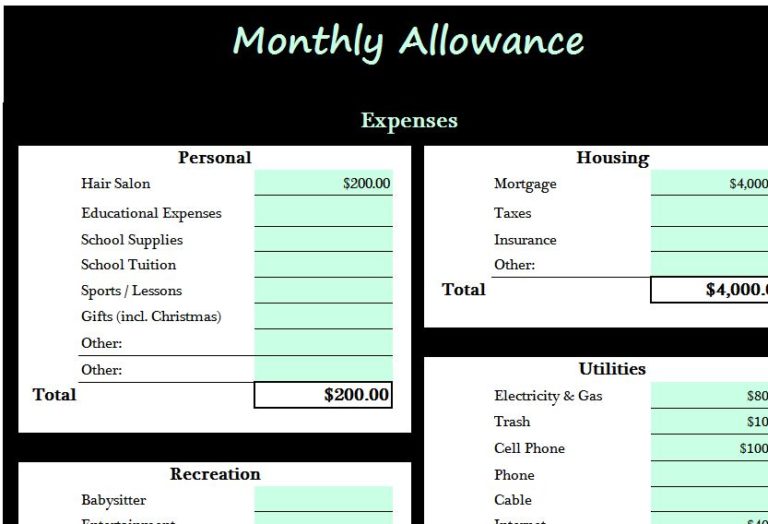 Monthly Allowance Template My Excel Templates