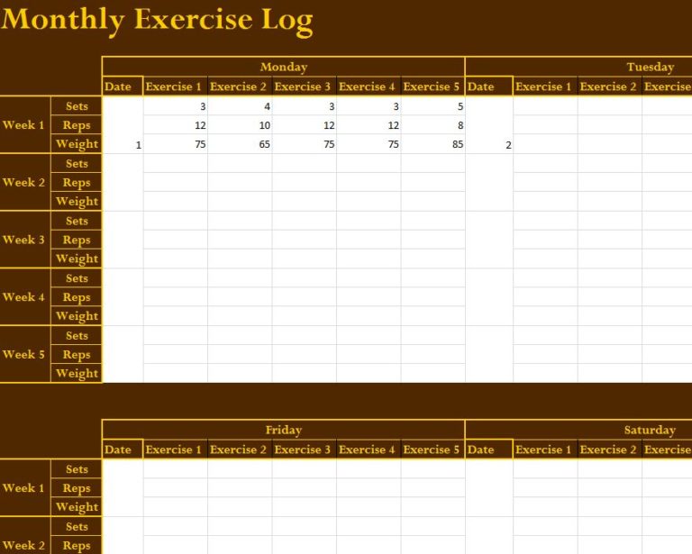 Monthly Exercise Log - My Excel Templates