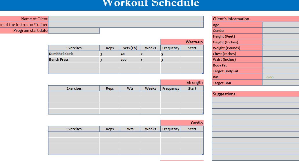 sixpackshortcuts workout routine in excel