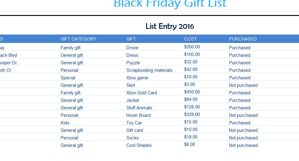 Black Friday Gift List My Excel Templates