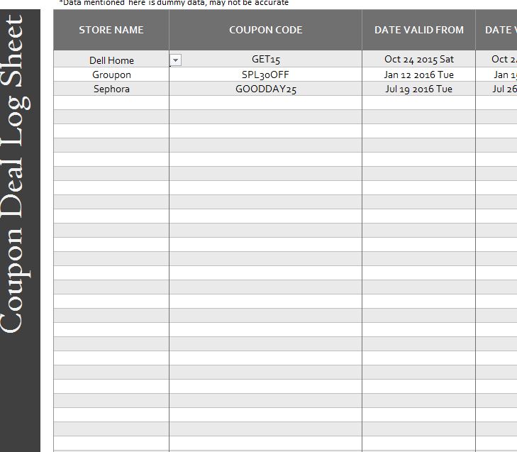 Coupon Deal Log Sheet My Excel Templates