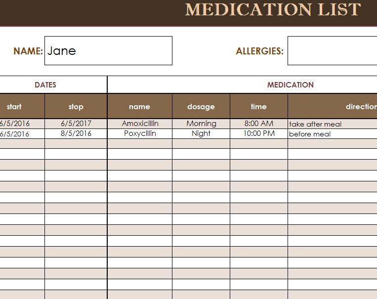 Simple Printable Medication List