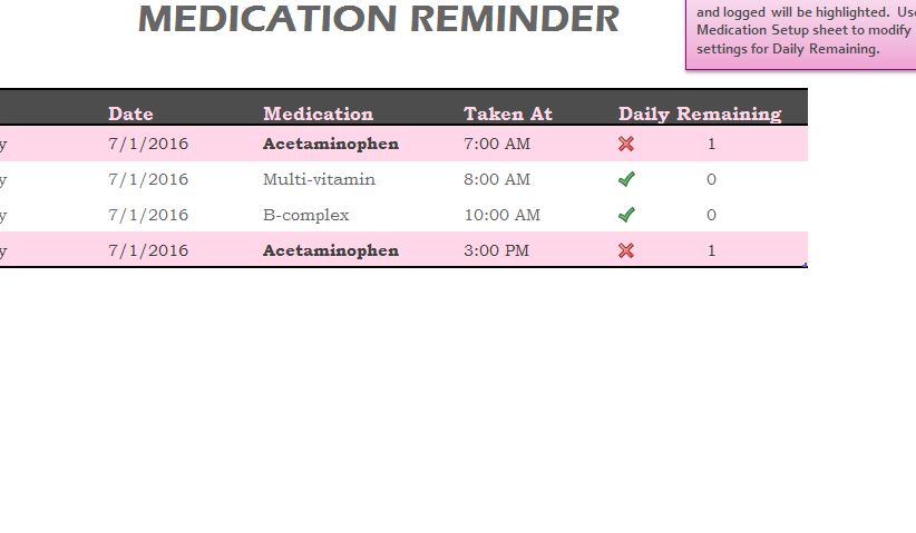 Medication Reminder Sheet - My Excel Templates