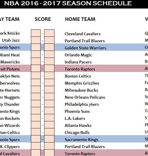 NBA Schedule 2016-17 - My Excel Templates