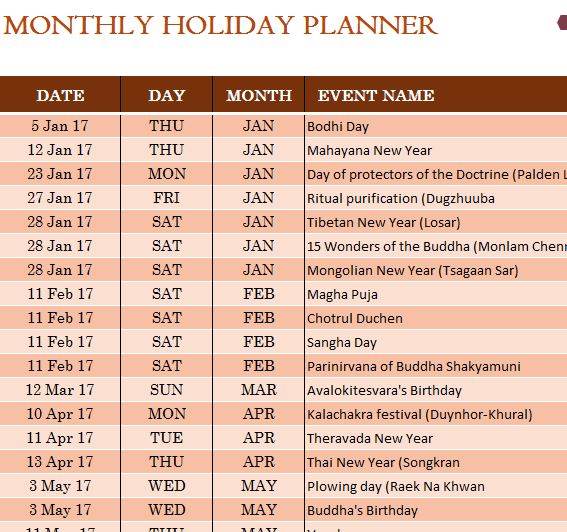 Buddhist Holiday Calendar My Excel Templates